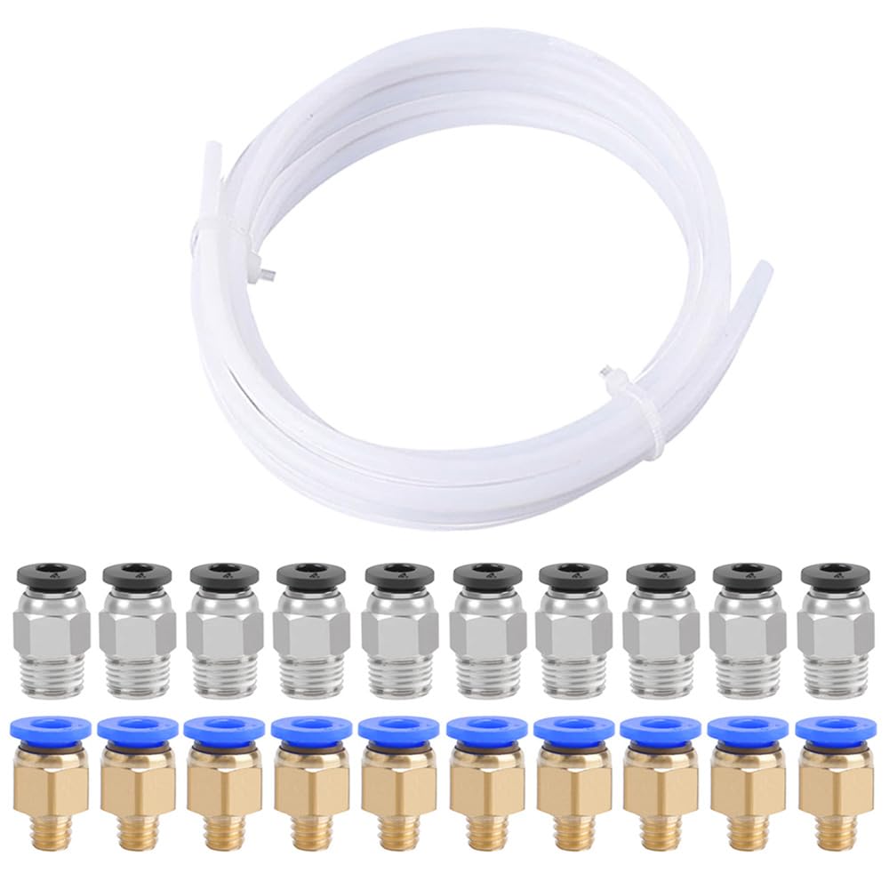 5 Metre 3D Printer PTFE Teflon Hose, with 10 PC4-M6 Pneumatic Connectors and 10 PC4-M10 Pneumatic Connectors