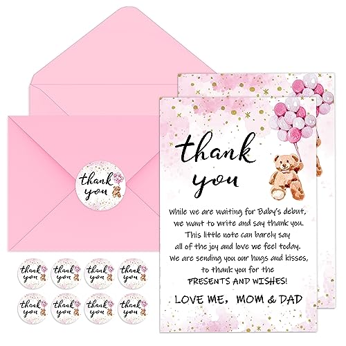 Kisston 50 Sets Bear Baby Shower Thank You Cards with 50 Envelopes and Stickers Thank You Gift Card for Baby Shower Gender Reveal Party Favor for Girl Boy(Pink)