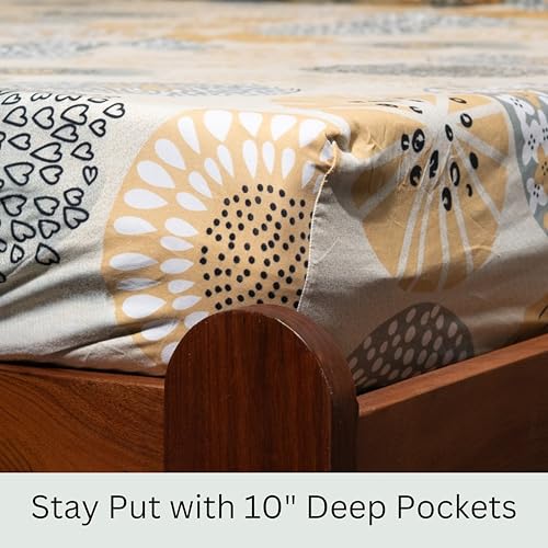 Image of Amazon Brand - Umi Cotton Fitted Bedsheet, Queen Size 78x60 Inches, Elastic Fit Bed Sheet, 10 Inch Deep Pocket, Soft Breathable Bedding, Durable Easy Care, with Pillow Cover-Doodle Bloom