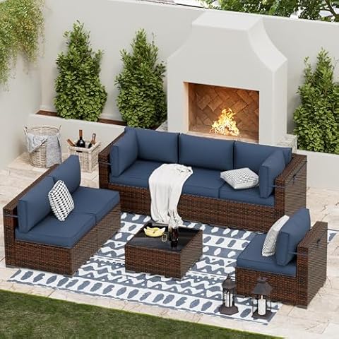 UDPATIO Patio Furniture Sets, Modular Rattan Outdoor Patio Sectional Furniture Sofa Set, Wicker Patio Conversation Set for Backyard, Deck, Poolside w/Glass Coffee Table, 7pc Blue (Include Sofa Cover) Cover