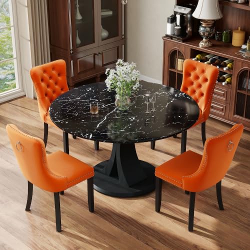 Image of 5-Piece Dining Table Set for 4 with 47 In Black Faux Marble Round Table