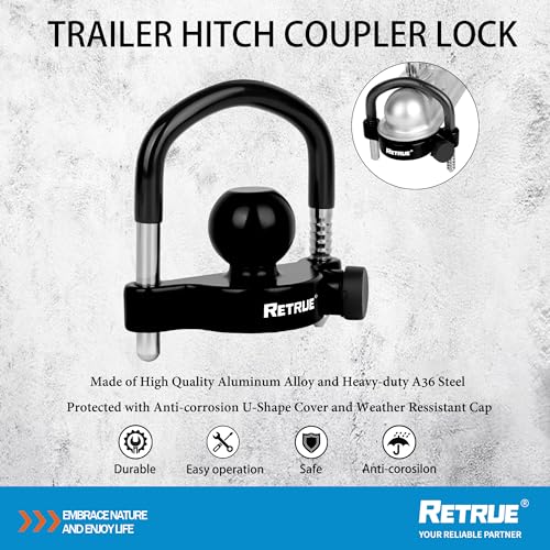 Image of RETRUE Universal Trailer Ball Lock Hitch Coupler Locks Fits 1-7 /8 Inch, 2 Inch, 2-5 /16 Inch Couplers Adjustable Security with Weatherproof Cover and Cap, Black