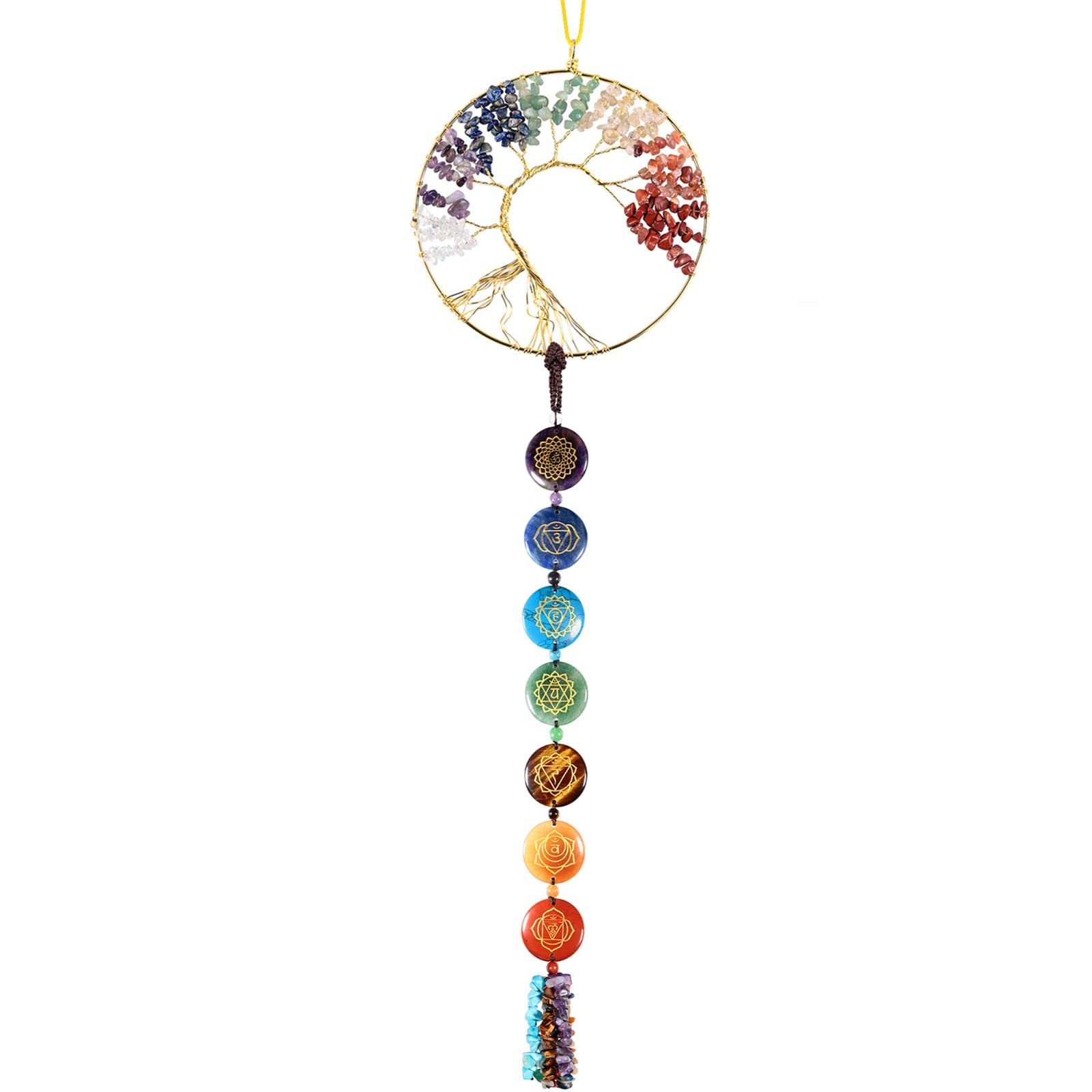 KYEYGWO 7 Chakren Stein Baum des Lebens Hängen Deko mit Chakra Symbole Trommelsteine Quaste, Kristall Wand Hängende Ornament Edelstein Traumfänger Haus Fensterdekoration