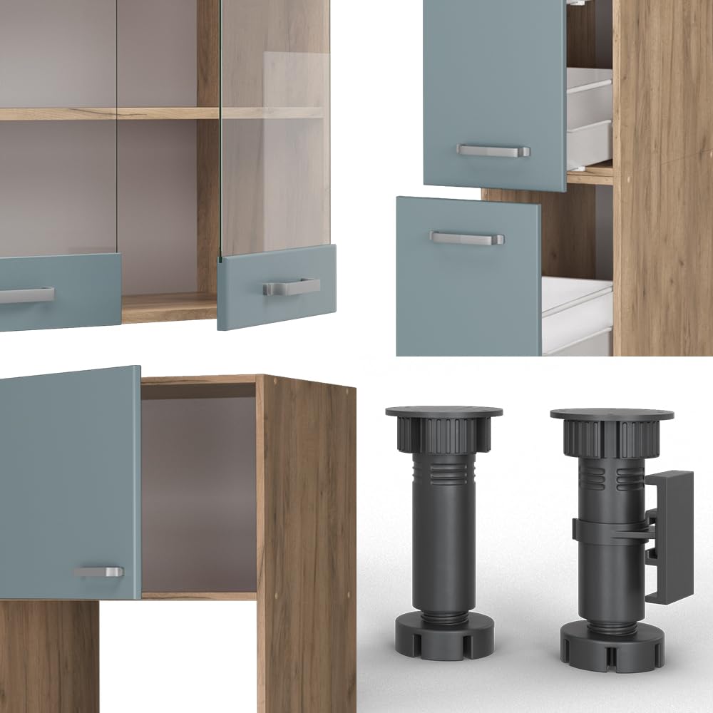 Vicco Cocina R-Line, Roble Azul-Gris-Dorado, 350 cm con Armario Alto, ET Antracita, Apto para ampliación Individual y disposición Flexible