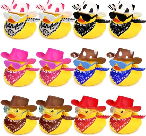 YOVECATHOU 12 Pcs Mini Rubber Ducks with Sunglasses Glasses Necklace Scarf and Hats For Summer Birthday Swimming Party (4)
