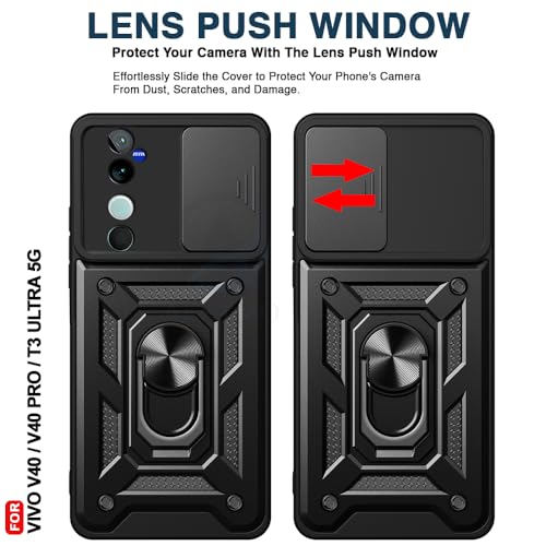 Image of AESTMO Tough Armor Ring Holder & Sliding Camera Cover | 360 Degree Protection Bumper Back Case Cover for Vivo V40 / V40 Pro / T3 Ultra 5G (Black) - Polycarbonate;Thermoplastic Polyurethane
