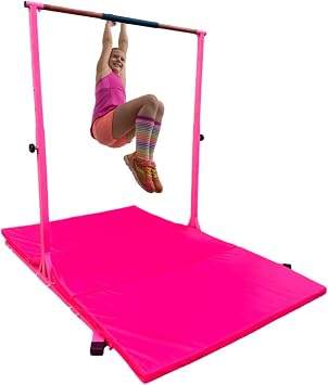 Gymnastic Bar with Gymnastic Mat for Kids Ages 3-14, 5 FT Extended Base, Height Adjustable 3FT-5FT, Gymnastic Kip Bar Horizontal Bar for Gymnast, Home Gymnastic Training Equipment Pink