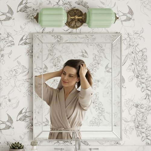 Image of Vintage Milk Glass Bathroom Vanity Light - 2-Light Wall Sconce with Brass Finish Base & Green Glass Shade - Wall Sconce Lighting for Mirror, Kitchen, Living Room, Gallery (Bulbs Included) (Green)