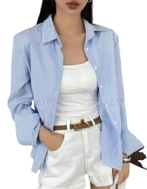 Women's Striped Button Down Full Sleeves Blue Shirt-picture-35