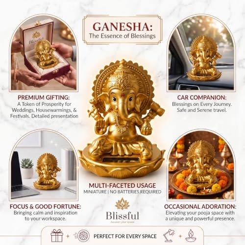 Image of Blissful Solar Moving Lord Ganesha Idol Statue Ganpati Murti for Car GoodLuck Office Home Decorative Showpiece - 11 cm (Plastic, Crystal, Gold)