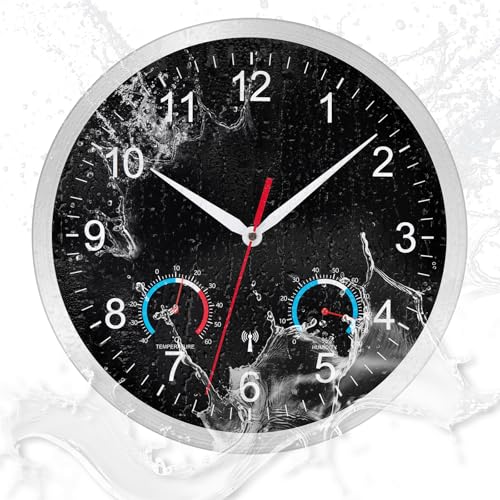 NESIFEE Outdoor Wasserdicht Wanduhr Funk Uhr mit Temperaturanzeige und Hygrometer Funkuhr Wand Funkwanduhr Groß Modern Schwarz Wanduhr Wohnzimmeruhr Küchenuhren Badezimmeruhr
