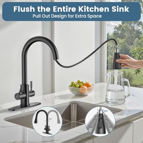 Hurran Kitchen Sink Faucet with Pull Down Sprayer, 2 Handles High Arc Stainless Steel Kitchen Faucet with Escutcheon, Suitable for Kitchens, RVs, and Bars, Black by Hurran - Used condition - Image 5