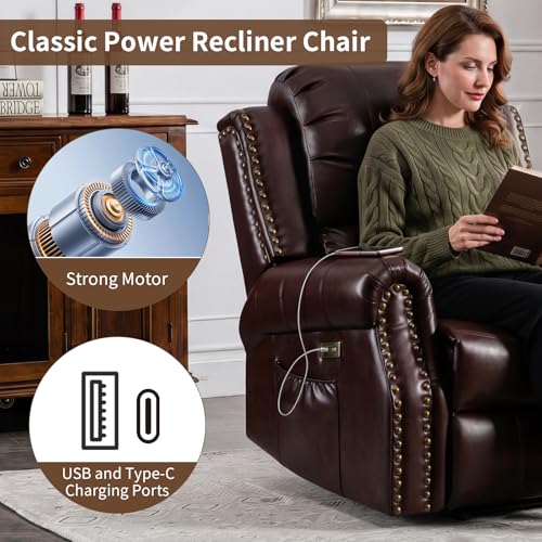 Image of HAOMARKETS Classic Power Recliner Chair Set of 2 with Massage and Heat, Breathable Faux Leather Electric Recliner with USB Port, Overstuffed Reclining Sofa with Rivets for Living Room, Caramel Brown
