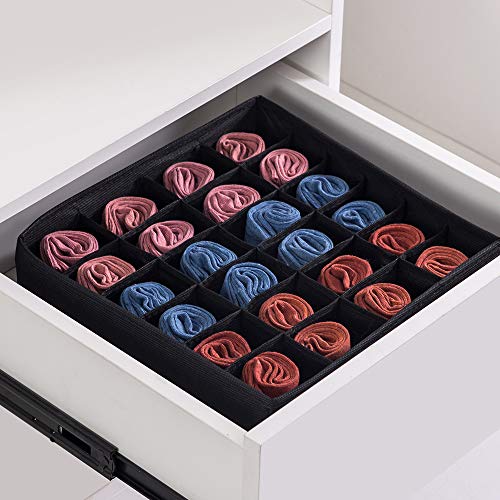 Qozary 2 Pack Sock Underwear Organizer, Non-Woven Fabric 24 Cell Drawer Organizer Divider, Collapsible Closet Cabinet Storage Boxes for Storing Socks, Lingerie, Underwear, Clothes (Black)