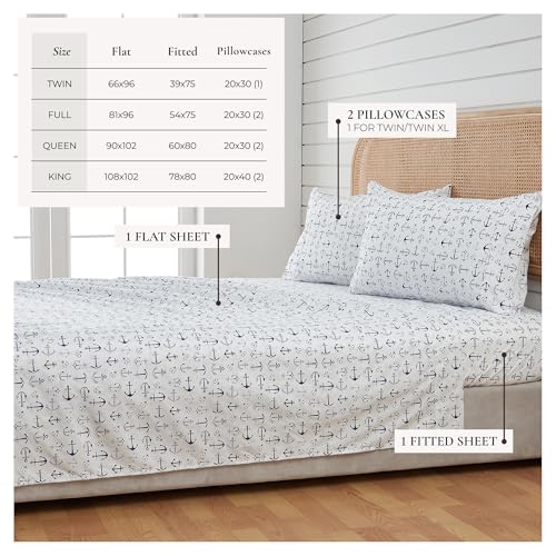 Image of Great Bay Home Queen Coastal Microfiber Sheet Set - 4-Piece Nautical-Printed, Ultra-Soft Sheets - Beach-Themed Bedding Sheets & Pillowcases (Anchor)