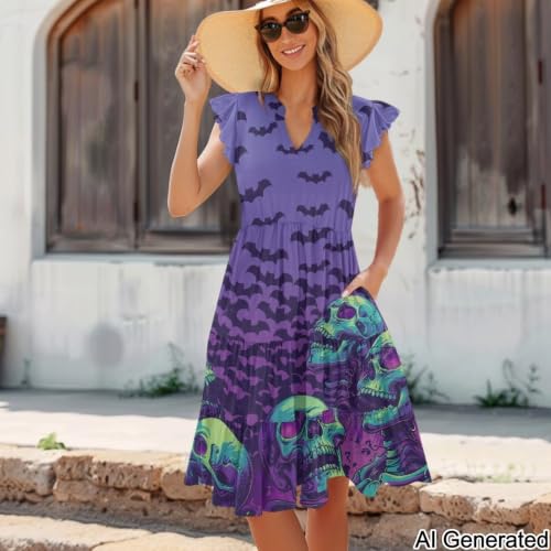 Image of Womens Summer Dress Ruffle Sleeve V Neck Dress Casual Fit Flowy Beach Vacation Sundress with Pocket S-2XL
