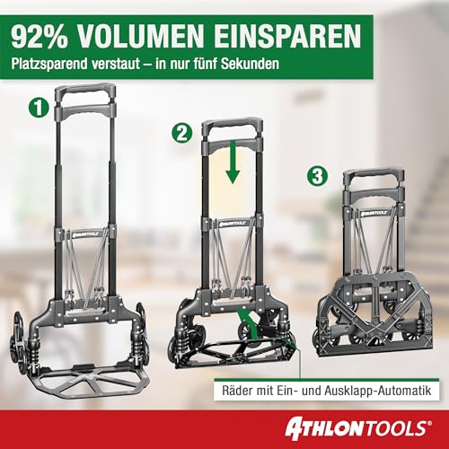 ATHLON TOOLS Treppensteiger Sackkarre klappbar TÜV geprüft – Profi Treppensackkarre aus Aluminium leicht - Extra Langer Griff 110cm & Ladefläche mit Anti Rutsch Pads - Transporthilfe für Treppen