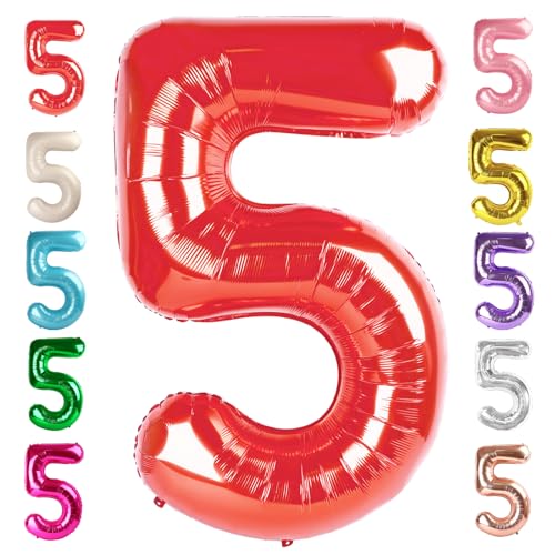 Image of 5 Balloon Numbers Birthday Decorations, 40In Red Balloons for Men Women | Eye-catching Appearance, Perfect Decorative Centerpieces, Convenient Self-sealing Structure, Widely for Various Occasions