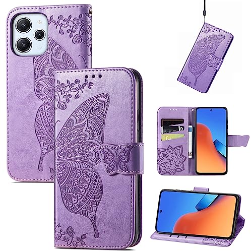 NEXCURIO Custodia a Libro Cover Portafoglio per Xiaomi Redmi 12 4G 5G Flip Case in Pelle Fiori Donna con Tasca Zip Porta Carte Laccio Supporto Antiurto - Viola