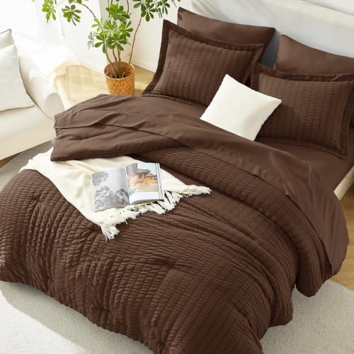 Image of HIMEET Full Size Comforter Sets - 7 Pieces Seersucker Bed in a Bag, Boho Bedding Sets for Bedroom Decor, All Season Home Essential Bed Set with Comforter, Sheets, Pillowcases & Shams, Brown