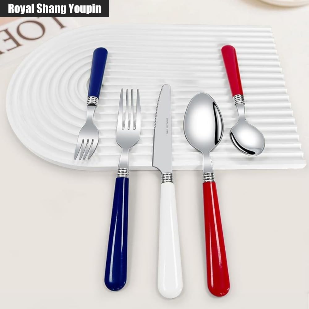 Poignée en Plastique Épaissie Cuisine Acier Inoxydable Argenterie Vaisselle Couverts Ensemble De Couverts Couteau À Steak Fourchette Cuillère Cuillère À Café (Blanc,20 pièces)
