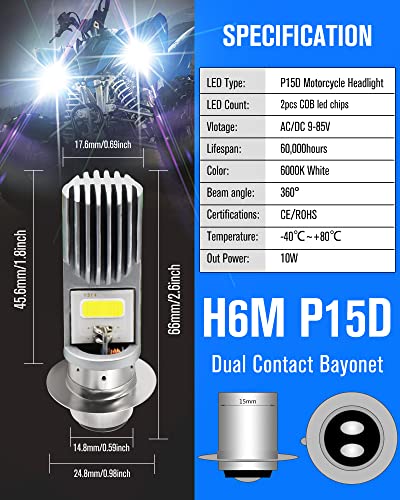 YEORO 2Pcs H6M LED Bulb,AC/DC 9-85V P15D Motorcycle Headlight Bulb Hi/Lo Beam 2xCOB+3528 SMD Chips LED Lamps for ATV. (2COB+3528)