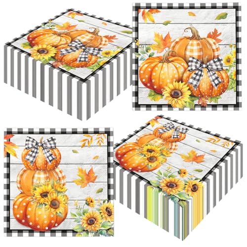 48Pcs Fall Pumpkin Paper Napkin Fall Party Decorations Autumn Thanksgiving Party Napkin Black and White Buffalo Plaid Pumpkin Table Decorations for Autumn Birthday Wedding Thanksgiving Harvest