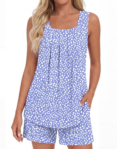 Image of LONGYUAN Womens Sleeveless Pajama Set Soft Summer Lounge Shorts Tank Top Sleepwear with Pockets 2 Piece Set M-3XL