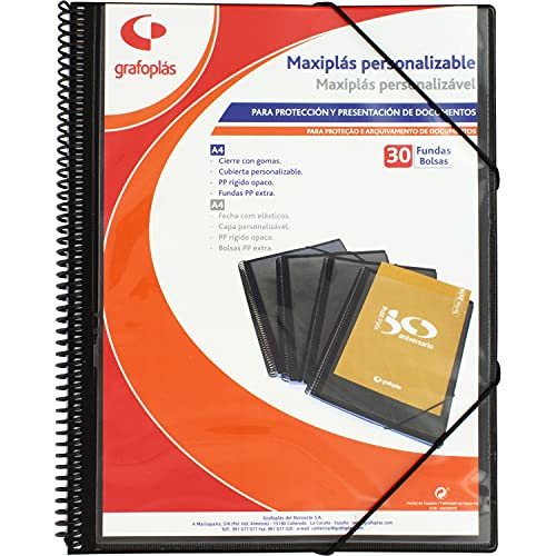 Grafoplás 39843010 Maxiplass Personalisierbarer Ordner mit Spiralbindung, 30 transparente Hüllen, Schwarz, 30,8 x 24 x 14