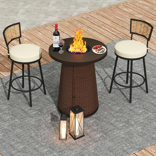 PIZZELLO 3-Piece Patio Swivel Bar Set with 37" Height Propane Round Firepit Table and High Swivel Stools Chair Set of 2, Outdoor High Top Bistro Set for Poolside, Garden, Balcony(Brown)