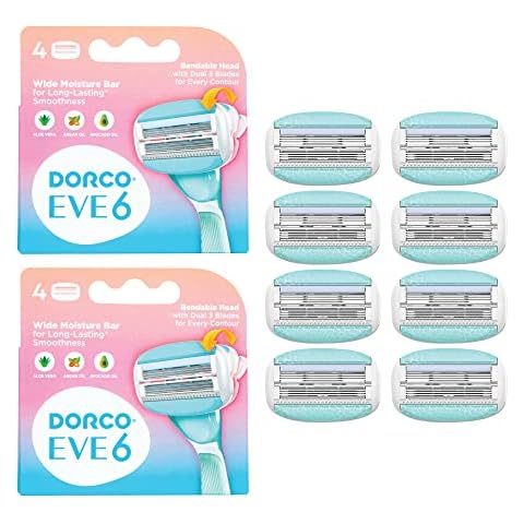 EVE 6 Razors for Women for Extra Close Shaving, (No Handle, 8 Pcs Razor Blade Refills), Double 3 Curved Blades with Bend-in-the-middle Razor Head, Razors for Shaving Cover