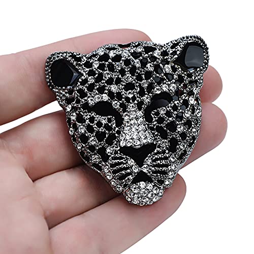 Image of Vintage Black Enamel Spotted Leopard Head Rhinestone CZ Animal Brooch Pin Lapel Pin Badge
