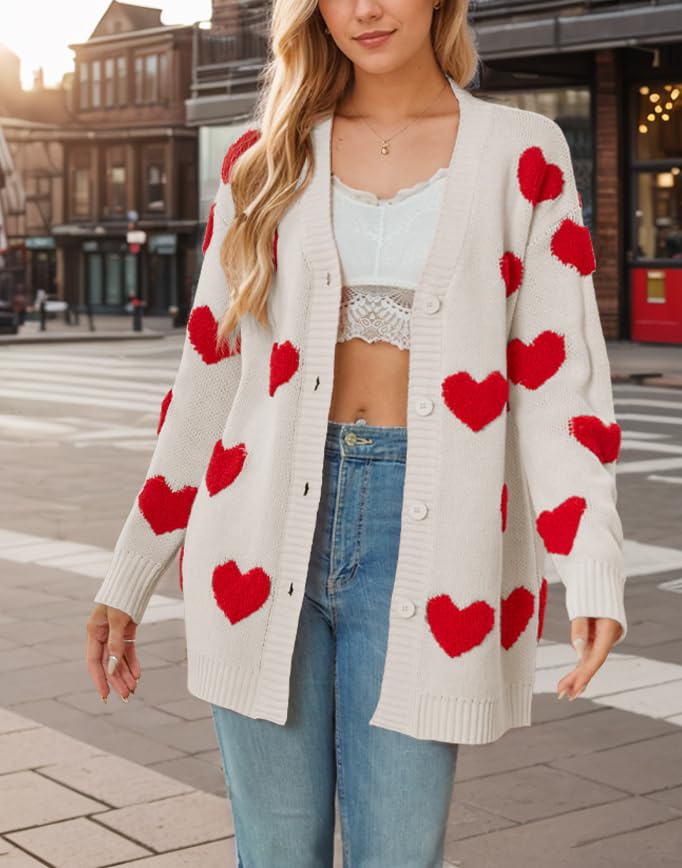 Image of Women Love Heart Graphic Oversized Sweaters Valentine Cute Cardigan Open Front Button Kawaii Preppy Aesthetic Clothes