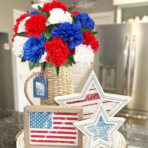 Image of 4PCS Memorial Day Flower Red White and Blue Chrysanthemum 13 inch Patriotic Flower Fake Silk Cemetery Flower Arrangement for July Independence Day Grave Centerpiece Home Decor(NO VASE)