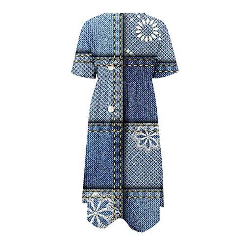 Vestido midi jeans para mulheres, vestido boêmio, manga curta, gola redonda, bolso, casual, estampad