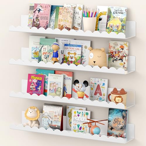 Gattlukd Floating Shelves for Wall, 23 Inch Metal Nursery Book Shelves 4 Pack, Wall Mounted Book Shelf for Kids Room, Bedroom, Bathroom, Playroom Decor （White）