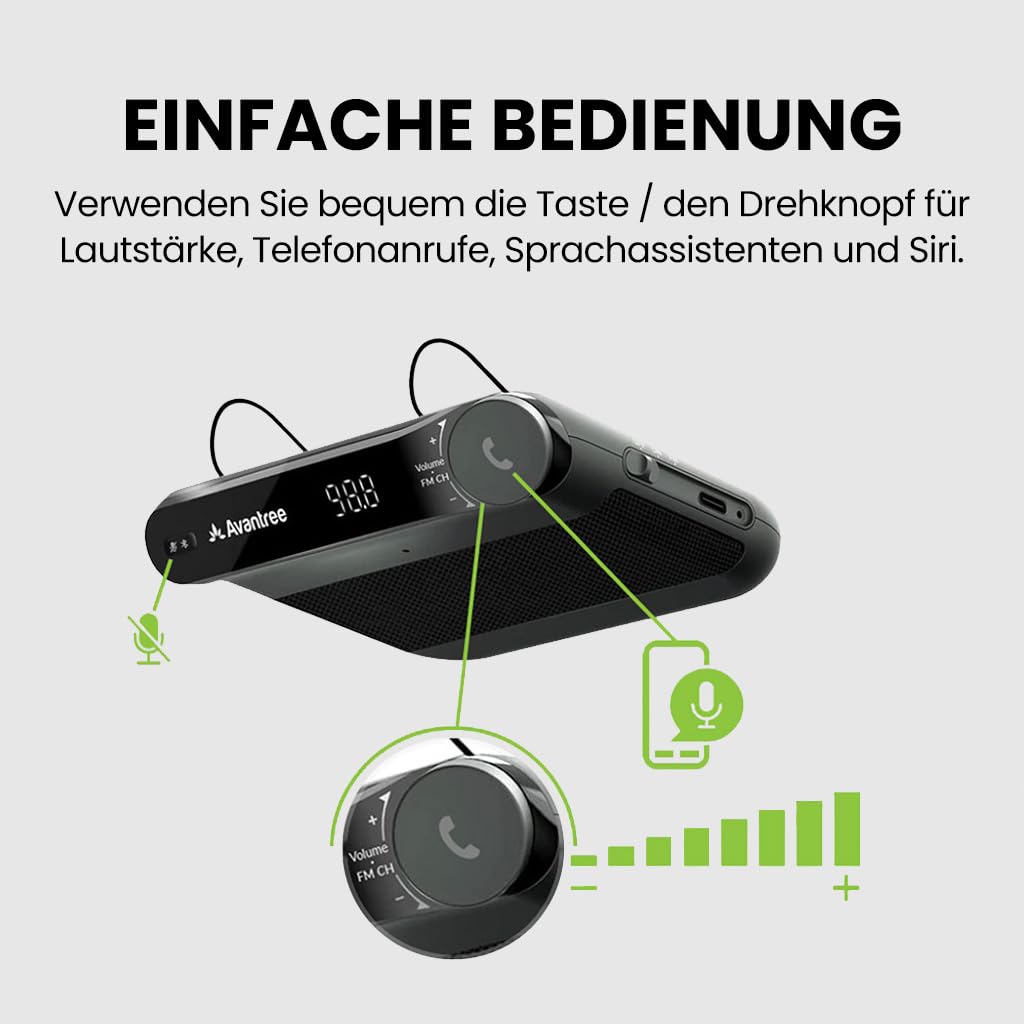 Avantree Roadtrip - Bluetooth Freisprecheinrichtung für Auto und Drahtloser FM Transmitter 2-in-1 Car Kit mit 6W Freihand Lautsprechern, Integriertem Mikrofon und und Lange 22 Std. Spielzeit
