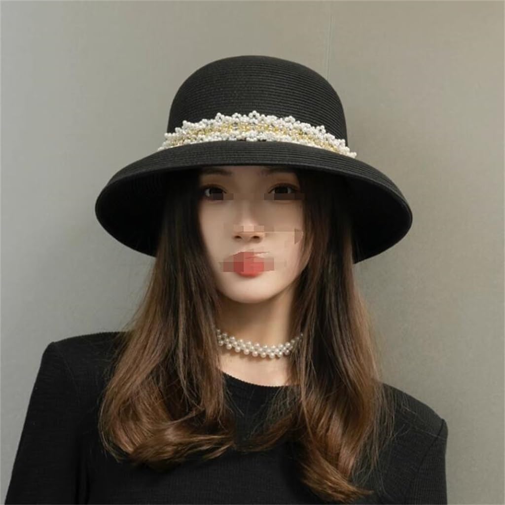 Spring and Pearl Hats, Weaved Big Eaves, Sun Protection Round Top, Women's Shielded Outgoing