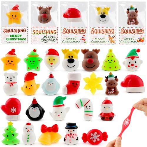 Image of Christmas Mochi Squishy Toys 24 Pack with Gift Card, Mini Squishy Toys, Christmas Stocking Stuffers, Party Favors for Kids, Stress Relief Toys, Goodie Bags Fillers (Christmas Red Box)