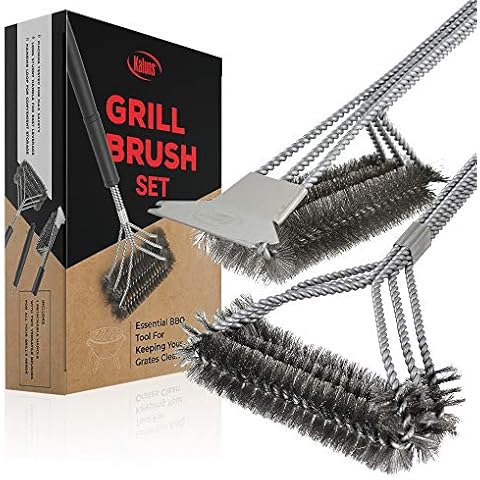 Kaluns Grill Brush for Outdoor Grill 2 Pack, BBQ Grill Brush for Grill Cleaning, Grill Scraper Set Includes Two Brush Heads and one Removable 18" Long Handle, Stainless Steel Durable Wire Bristles Cover