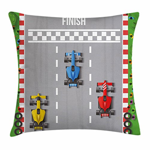 Lunarable Cartoon Throw Pillow Cushion Cover, Car Race Formula Automobiles Competition Winner Champion Speed Team Graphic, Decorative Square Accent Pillow Case, 28