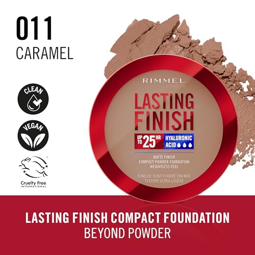 Rimmel Lasting Finish 25 HR Compact Foundation 011 Caramel, Matte Buildable Coverage, Powder-to-Cream, Anti-Pollution Shields - Image 2