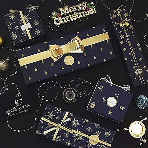 Christmas Wrapping Paper Roll, Navy Blue and Gold Color, Bonus 12 Stickers and Ribbon (12 Pack - 100x43cm) Cover