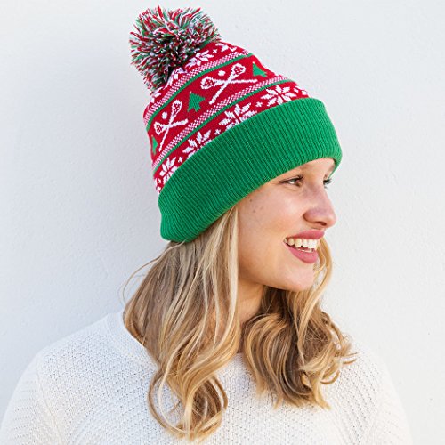 Ugly Christmas Sweater Lacrosse Pom Pom Beanie Hat | Lax Hats by ChalkTalk Sports Red/Green - Thumbnail 3