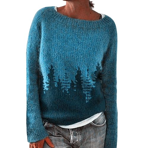 Fairisle - Suéteres nórdicos para mujer, suéteres de forro polar de gran tamaño, acogedores, cuello redondo, manga larga, suéteres de invierno casuales de forro polar para mujer, ropa de punto, azul