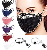 Nature Blossom 6 Pieces Lace Face Masks Washable Reusable Soft Cotton Covering Wedding Party Costume Lace Flower Mouth Shield Fabric Outdoor Protection for Women and Girls (6 Colors) and 2 Face Mask Lanyards (Black, White, Navy-Blue, Pink, Red, and Purple)