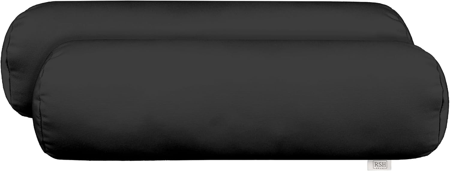 RSH Décor Sunbrella Jumbo Neck Roll Pillows – Set of 2 | 24” x 8” | Outdoor Bolster for Patio, Deck, Porch, or Poolside Chairs | Water & Fade-Resistant | Canvas Black - Made in USA