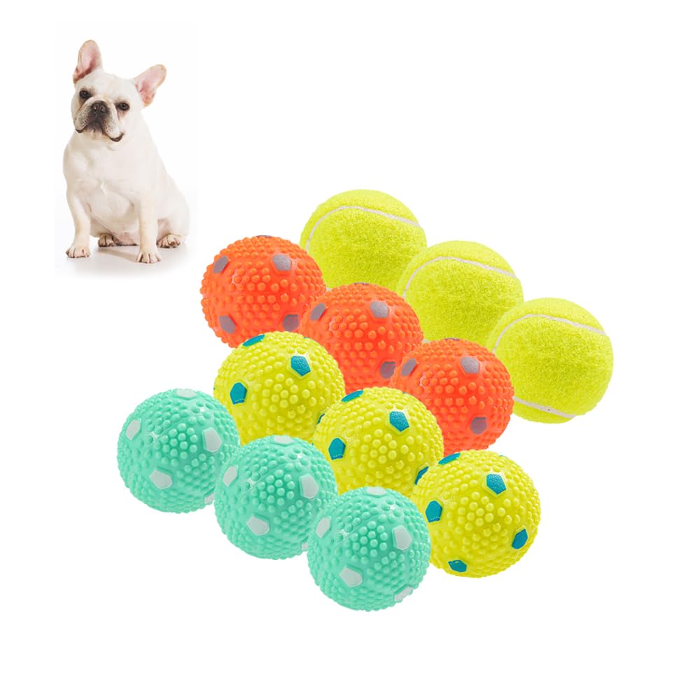 WIGGLYTAIL Dog Balls 12 Pcak, 9 Latex Balls and 3 Tennis Balls for Small Dogs and Puppies for Automatic Dog Ball Launcher(2 Inches)