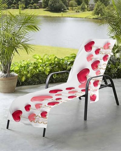 Valentine's Day Beach Chair Towel Covers for Chaise Lounge with Side Pocket, Soft Plush Pool Towels Cover for Patio Sunbathing Outdoor 29''x85'' Red Pink Heart Gold Ribbon