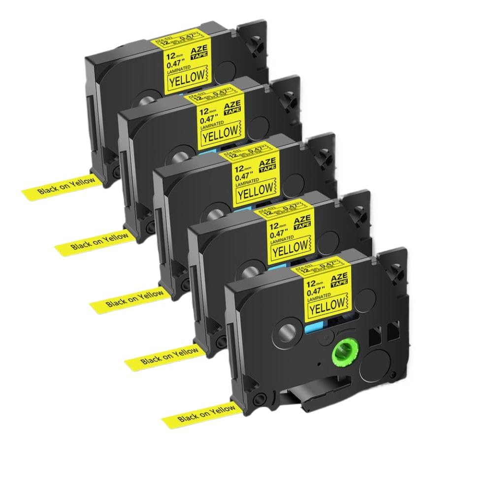 Nastro per etichette compatibile con PT-1000 laminato nero su giallo 5PK 6mm 9mm 12mm 18mm 24mm Tze-611 Tze-621 Tze-631 Tze-641 Tze-651
